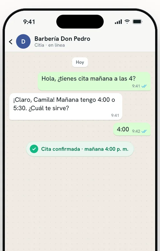 Conversación de WhatsApp donde Appcitas confirma una cita (ejemplo)