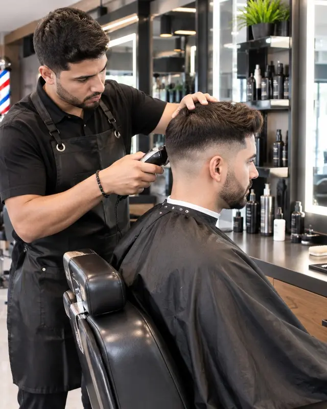 Barber giving a client a fade in a modern barbershop