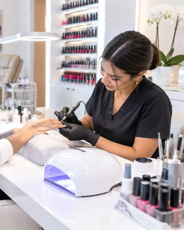 Nail technician working on a client's nails at a nail salon